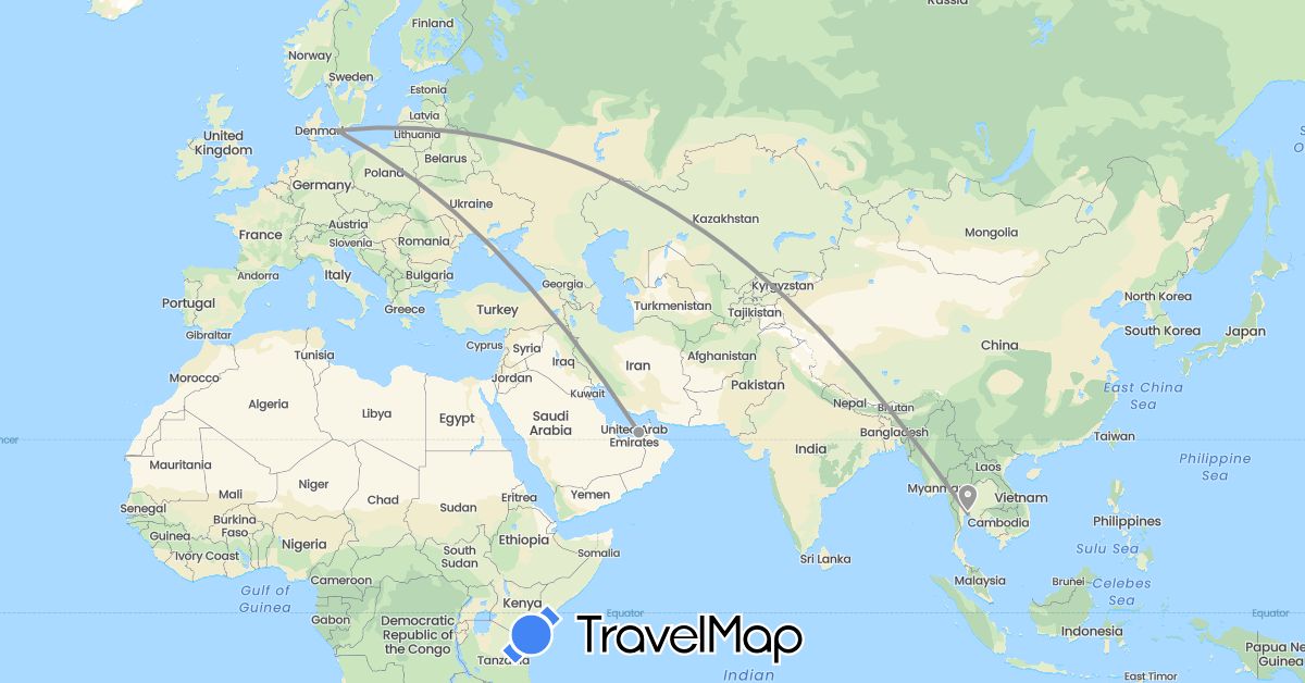 TravelMap itinerary: driving, plane in United Arab Emirates, Denmark, Thailand (Asia, Europe)